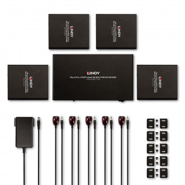 AV Skirstytuvo Prailginimas - LINDY Cat.6 4 Prievadų HDMI 4K60 ir IR Skirstytuvo Prailginimas 70 m, Juodas