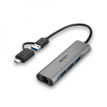 USB Hublis - Lindy USB 3.2 Gen 1 Hublis & Gigabit Ethernet Keitiklis 3 Prievadai Juodas