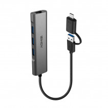USB Hublis - Lindy USB 3.2 Gen 1 Hublis & Gigabit Ethernet Keitiklis 3 Prievadai Juodas