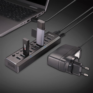 USB Hub - LINDY 10 Prievadų USB 3.0 Hub su Maitinimo Jungikliais, 5 Gbps, Aliuminio Lydinys