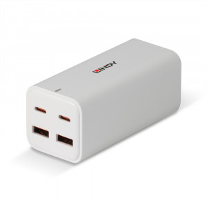USB Įkroviklis - LINDY 100W 4 Prievadų GaN Įkroviklis su 2x USB Type C ir 2x Type A Prievadai, Baltas