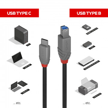 USB Laidas - LINDY Anthra Line USB 3.2 Type C į B Laidas, M/M, 5Gbps, 4.5W, 1 m, Juodas