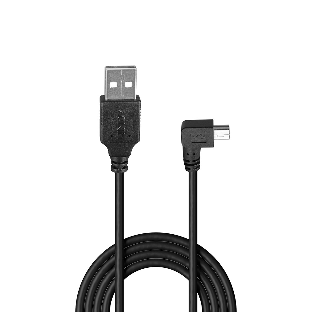 USB Laidas - LINDY Type A į Mini-B, 2 m, 90 laipsnių dešinysis kampas, USB 2.0