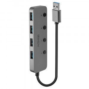 USB Hub - LINDY 4 Prievadų USB 3.0 Hub su Maitinimo/Išjungimo Jungikliais, 5 Gbps, Type A
