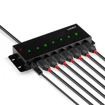 USB Hub - LINDY 7-Port USB 2.0 Metalinis Hub su Montavimo Laikikliais ir Maitinimo Šaltiniu