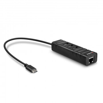 USB Hub - LINDY USB 3.2 Type C Hub, 3 Jungtys, Gigabit Ethernet Konverteris, Juodas