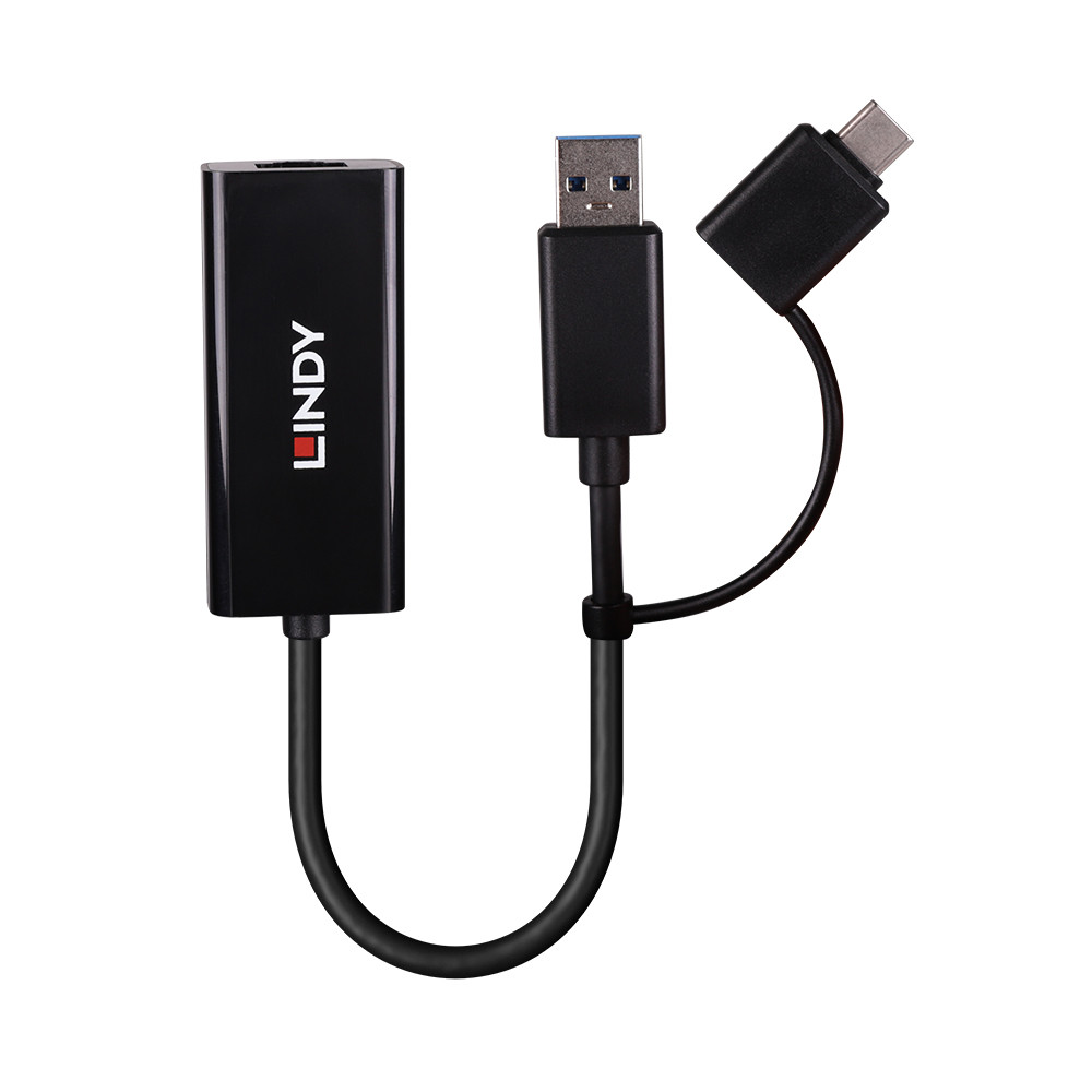 Tinklo Adapteris - LINDY USB 3.2 Gen 1 Gigabit Ethernet Konverteris, RJ45, USB A/C, Juodas