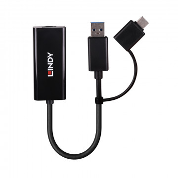 Tinklo Adapteris - LINDY USB 3.2 Gen 1 Gigabit Ethernet Konverteris, RJ45, USB A/C, Juodas