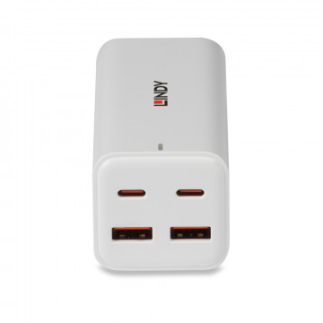 USB Įkroviklis - LINDY 100W 4 Prievadų GaN Įkroviklis su 2x USB Type C ir 2x Type A Prievadai, Baltas