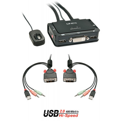 KVM Jungiklis - 2 Port DVI-D USB 2.0 Garso KVM 1920x1200@60Hz