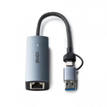 Tinklo Adapteris - LINDY USB 3.2 Gen 1 į 5G Ethernet Konverteris, 5Gbps, USB tipo A/C, Pilkas