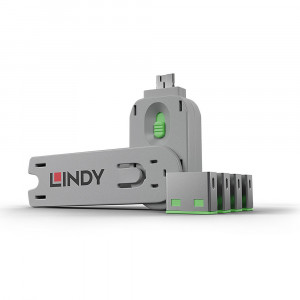 USB Priedas - LINDY USB A Prievado Blokatorius 4 vnt. + Raktas, 55x19x12mm, Žalias