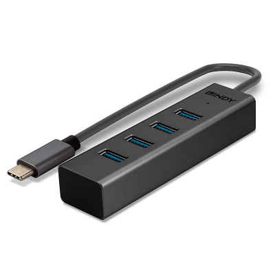 USB Hub - LINDY 4 Portų USB 3.2 Gen 1 Type C Hub, 5 Gbps, Duomenų Perdavimui, 30 cm Kabelis, Juodas