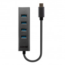 USB Hub - LINDY 4 Portų USB 3.2 Gen 1 Type C Hub, 5 Gbps, Duomenų Perdavimui, 30 cm Kabelis, Juodas