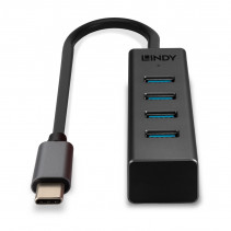USB Hub - LINDY 4 Portų USB 3.2 Gen 1 Type C Hub, 5 Gbps, Duomenų Perdavimui, 30 cm Kabelis, Juodas