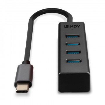 USB Hub - LINDY 4 Portų USB 3.2 Gen 1 Type C Hub, 5 Gbps, Duomenų Perdavimui, 30 cm Kabelis, Juodas