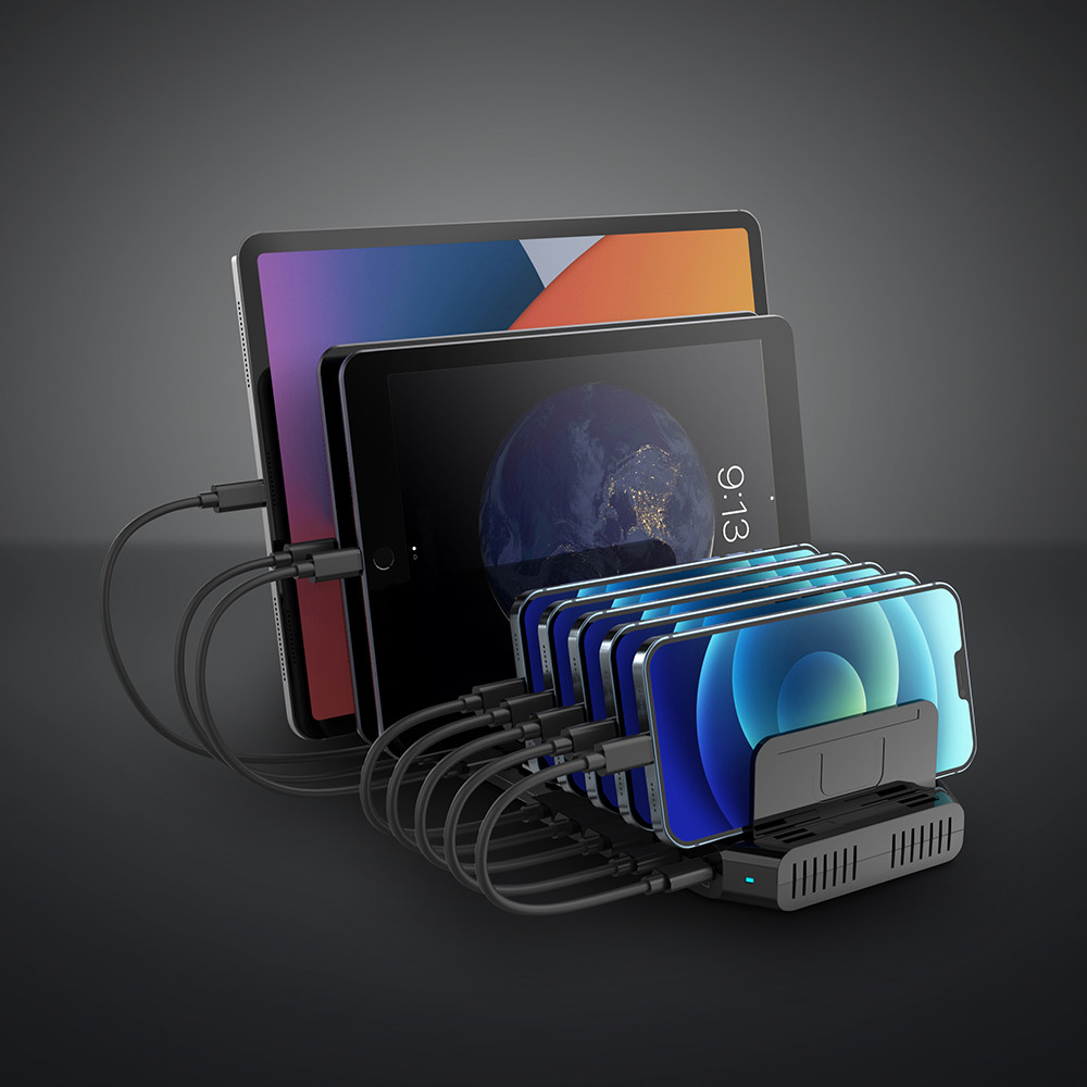 USB Įkrovimo Stotis - LINDY 120W 10 Prievadų Įkrovimo Stotis, 8 x USB Type A, 2 x USB Type C, Juoda