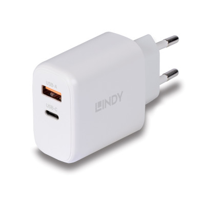 Įkroviklis - LINDY 65W USB Type A & C GaN Įkroviklis, Baltas