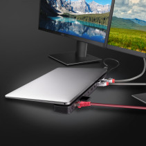 USB C Dokavimo Stotis - LINDY Plugable DST-Mini XT 810 8K/4K60, 100W PD, USB 3.2, Gigabit Ethernet, Pilka