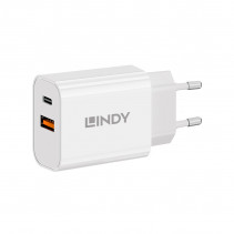 Įkroviklis - LINDY 30W USB Type A ir C Įkroviklis, Dvigubas Prievadas, PD Kompaktiškas Dizainas, Baltas