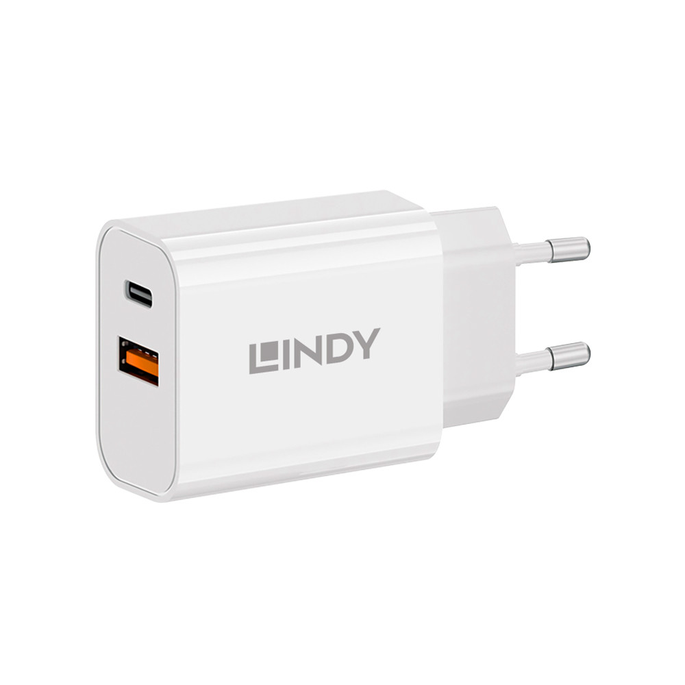 Įkroviklis - LINDY 30W USB Type A ir C Įkroviklis, Dvigubas Prievadas, PD Kompaktiškas Dizainas, Baltas