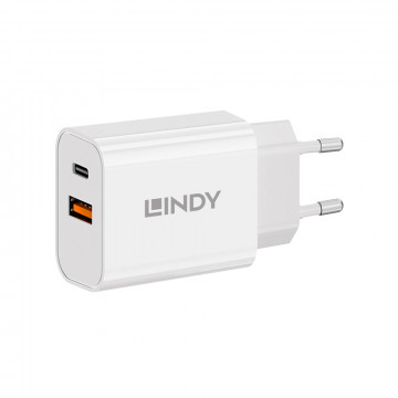 Įkroviklis - LINDY 30W USB Type A ir C Įkroviklis, Dvigubas Prievadas, PD Kompaktiškas Dizainas, Baltas